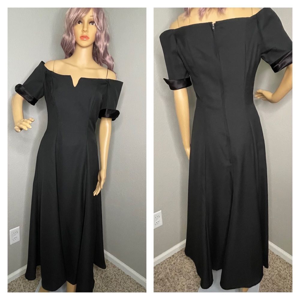 ILGWU Vintage Maxi Off Shoulder Short Sleeve Formal Dress Black Size 8